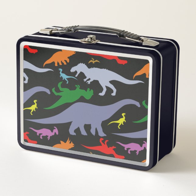 Buntes Dinosaurier-Muster (dunkel) Metall Brotdose (Vorderseite)