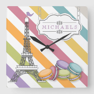 Buntes Eiffelturm-Monogramm Paris Macaron Quadratische Wanduhr