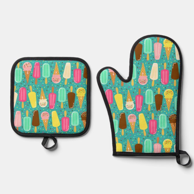 Buntes Eiscrememuster Sommer Ofenhandschuh & Topflappen-Set (Vorderseite)