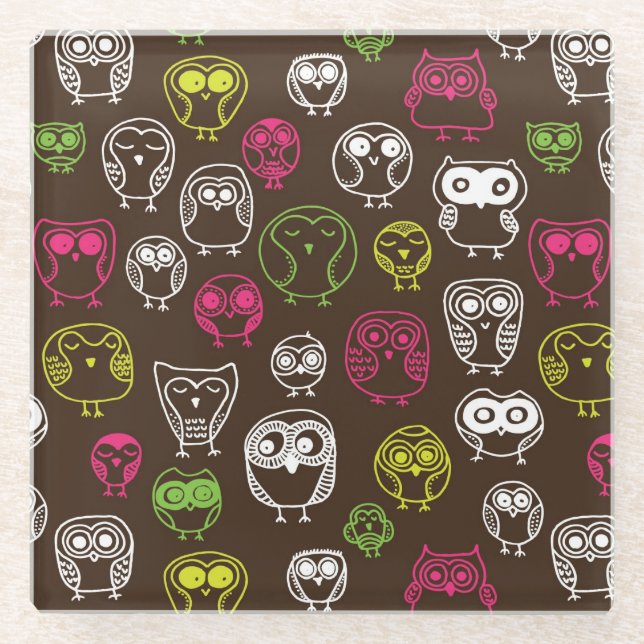 Buntes Eulengekritzel-Hintergrundmuster Glasuntersetzer (Vorderseite)