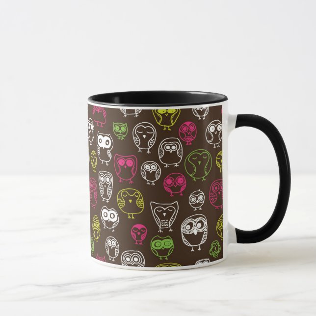 Buntes Eulengekritzel-Hintergrundmuster Tasse (Rechts)