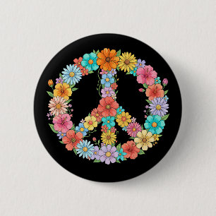 Buntes florales Friedenszeichen Hippie Retro-Blume Button