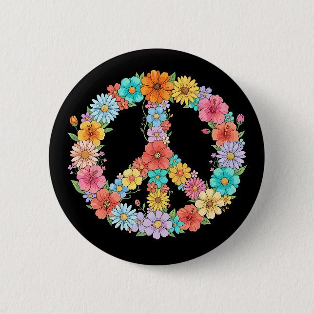 Buntes florales Friedenszeichen Hippie Retro-Blume Button (Vorderseite)