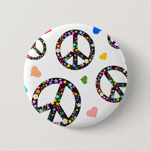Buntes Friedenssymbol, -Blumen und -herzen Button