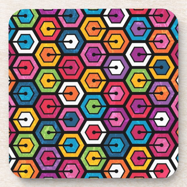 Buntes geometrisches Muster mit Hexagonen Getränkeuntersetzer (Vorderseite)