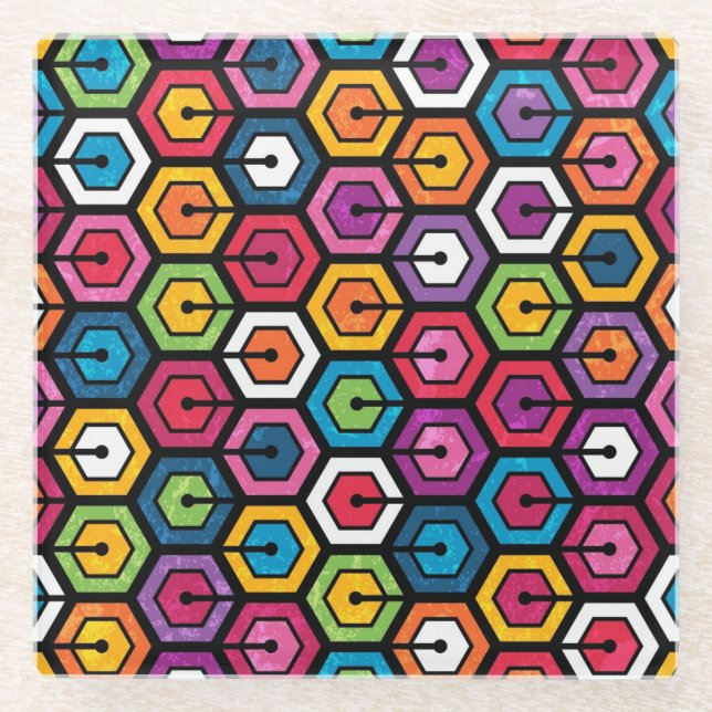 Buntes geometrisches Muster mit Hexagonen Glasuntersetzer (Vorderseite)