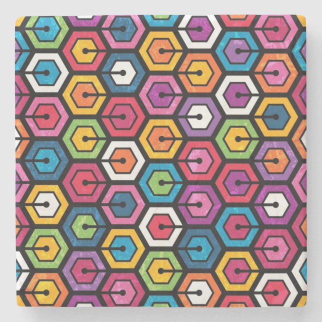 Buntes geometrisches Muster mit Hexagonen Steinuntersetzer (Vorderseite)