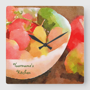Buntes gesundes Frucht-u. Gemüse-Aquarell Quadratische Wanduhr