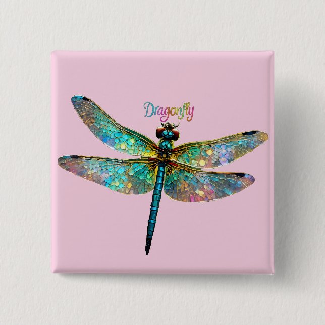 Buntes Glasfenster Libelle Button (Vorderseite)