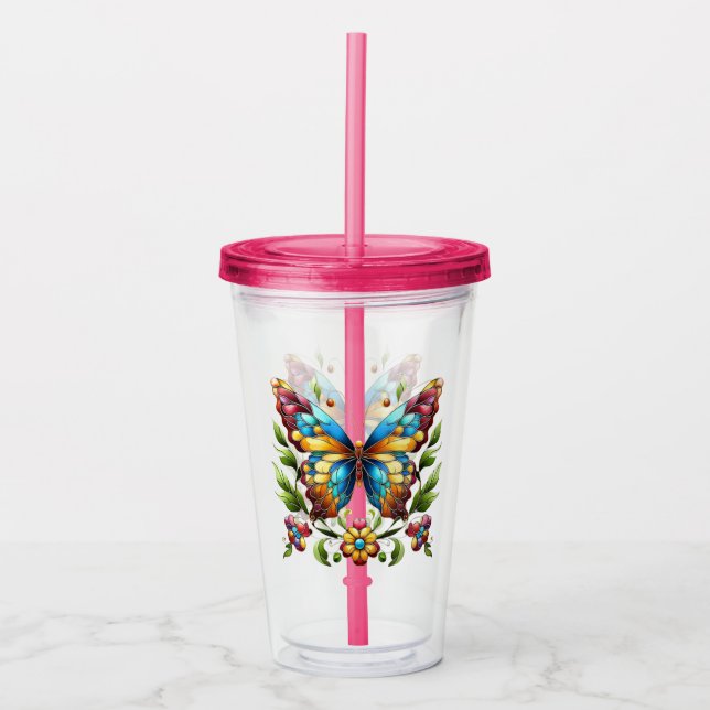 Buntes Glasschmetterling mit Blume Acryltrinkbecher (Vorderseite)