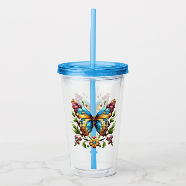 Buntes Glasschmetterling mit Blume Acryltrinkbecher (Vorderseite)