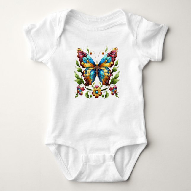 Buntes Glasschmetterling mit Blume Baby Strampler (Vorderseite)