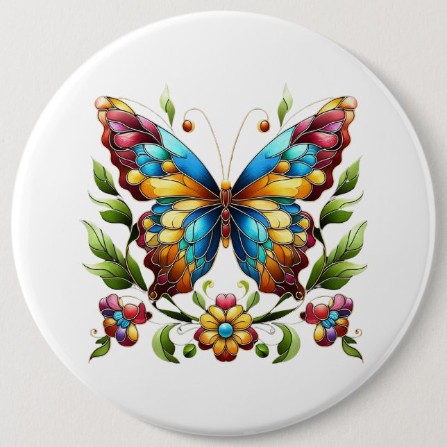 Buntes Glasschmetterling mit Blume Button (Vorderseite)
