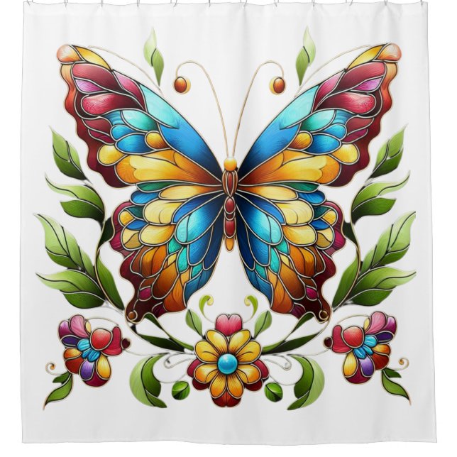 Buntes Glasschmetterling mit Blume Duschvorhang (Vorderseite)
