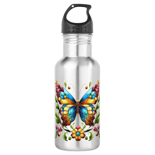 Buntes Glasschmetterling mit Blume Edelstahlflasche (Vorderseite)