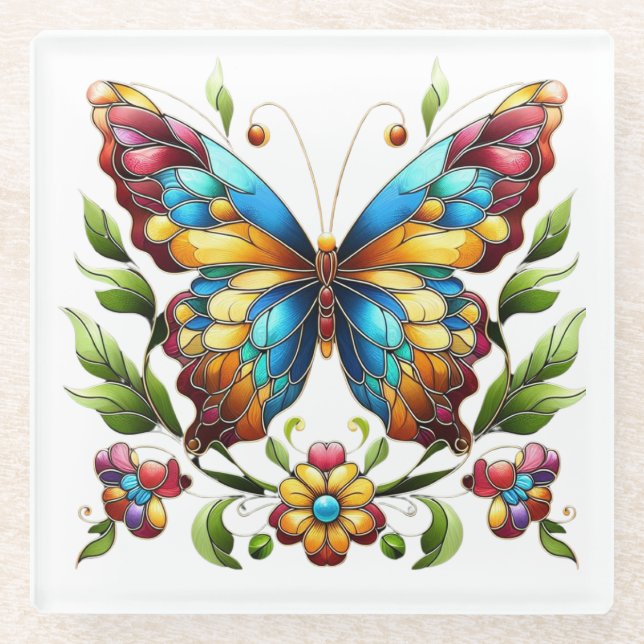 Buntes Glasschmetterling mit Blume Glasuntersetzer (Vorderseite)