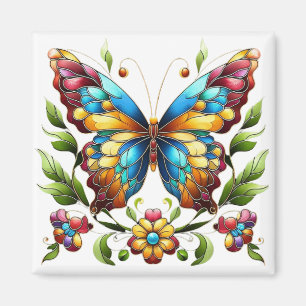 Buntes Glasschmetterling mit Blume Magnet