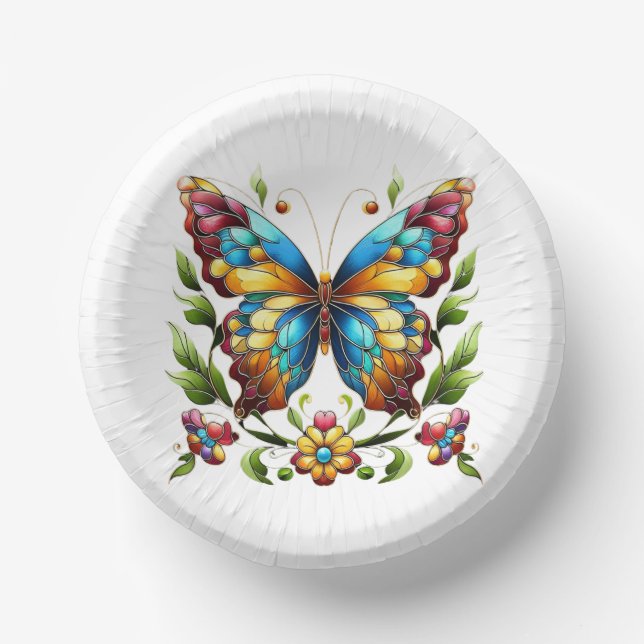 Buntes Glasschmetterling mit Blume Pappteller (Vorderseite)