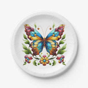 Buntes Glasschmetterling mit Blume Pappteller