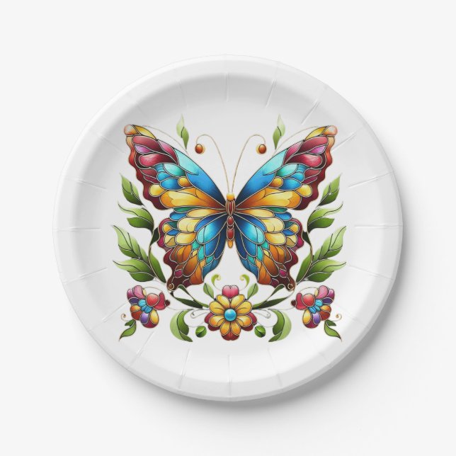 Buntes Glasschmetterling mit Blume Pappteller (Vorderseite)