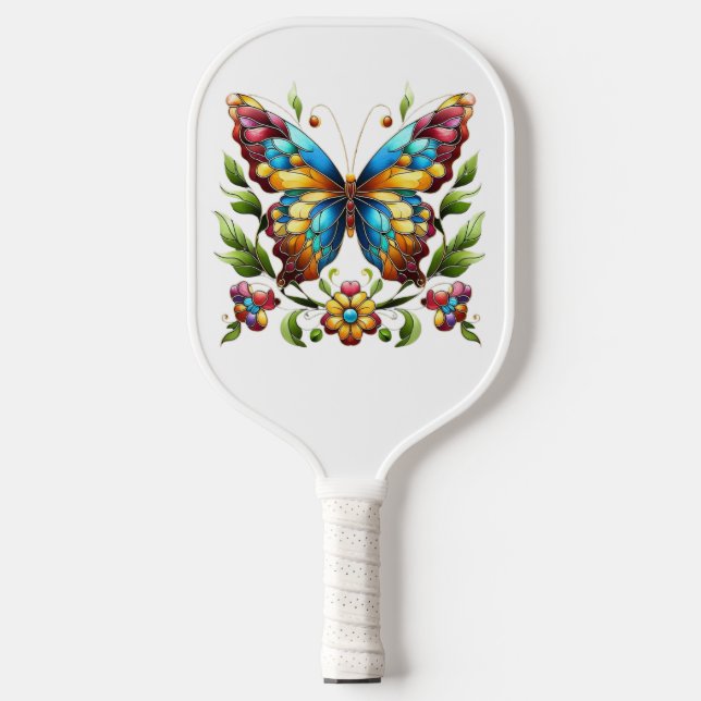 Buntes Glasschmetterling mit Blume Pickleball Schläger (Vorderseite)