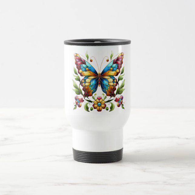 Buntes Glasschmetterling mit Blume Reisebecher (Mittel)