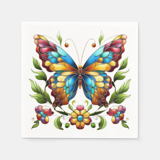 Buntes Glasschmetterling mit Blume Serviette (Vorderseite)