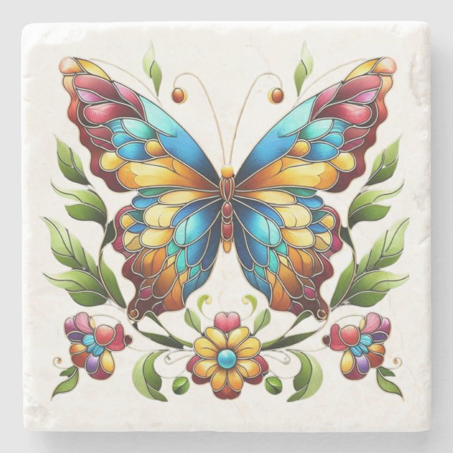 Buntes Glasschmetterling mit Blume Steinuntersetzer (Vorderseite)