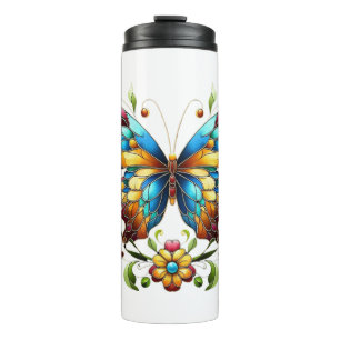 Buntes Glasschmetterling mit Blume Thermosbecher