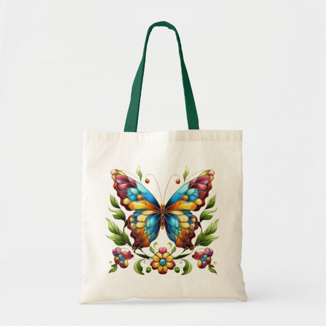 Buntes Glasschmetterling mit Blume Tragetasche (Vorne)