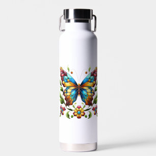 Buntes Glasschmetterling mit Blume Trinkflasche