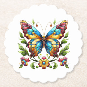 Buntes Glasschmetterling mit Blume Untersetzer