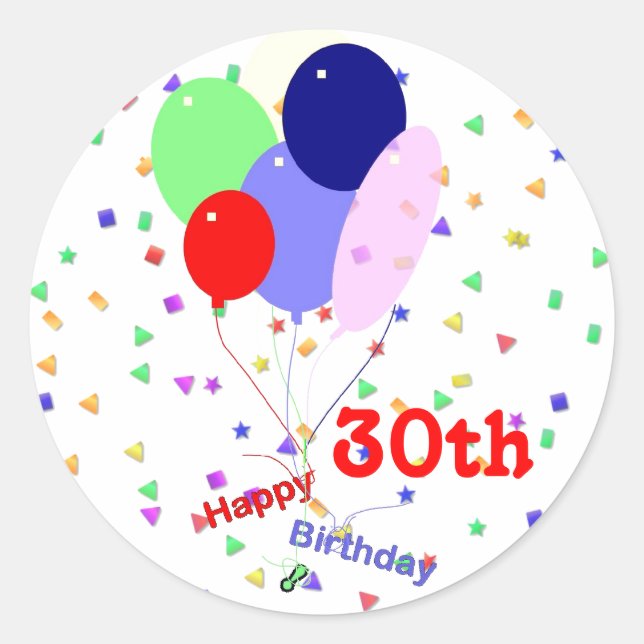 Buntes Glück 30. Geburtstag Balloons Runder Aufkleber (Vorderseite)