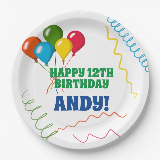 Buntes Glück zum Geburtstag mit Balloons Pappteller (Vorderseite)