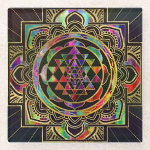 Buntes Gold gerahmtes Sri Yantra Sri Chakra Glasuntersetzer