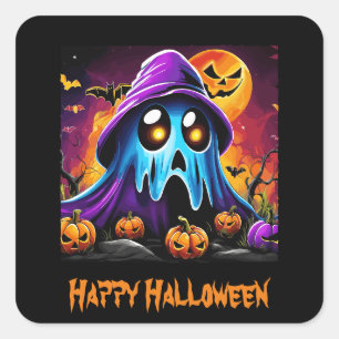 Buntes Halloween Ghost Pumpkin Happy Halloween Quadratischer Aufkleber