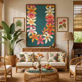 Buntes hawaiianisches Lei auf türkisfarbener Kunst Leinwanddruck