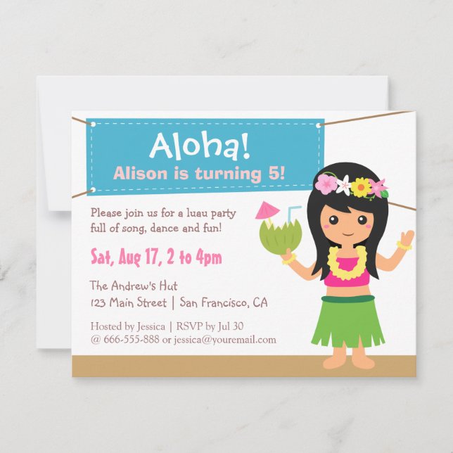 Buntes hawaiisches Themed Hula Mädchen Luau Party Einladung (Vorderseite)