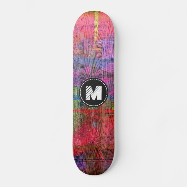 Buntes hölzernes Korn-Beschaffenheits-Monogramm Skateboard (Vorderseite)