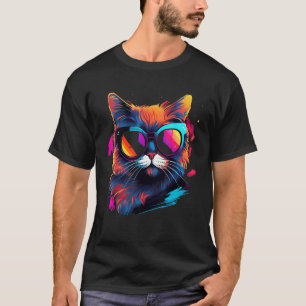 Buntes Katzen-Design, schwarz, gelb, weiß, blau,  T-Shirt