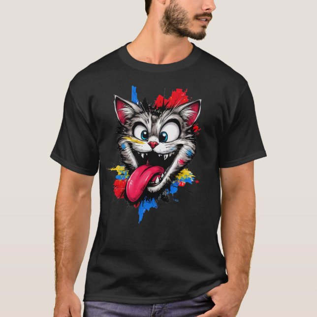 Buntes Katzengesicht T-Shirt mit Spieltrieb (Vorderseite)