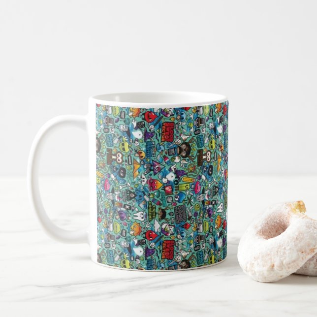 Buntes Kritzelmuster-Kaffeetasse | Süße Cartoon-  Kaffeetasse (Mit Donut)