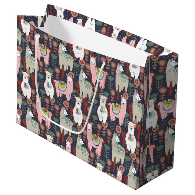 Buntes Lama-Muster Große Geschenktüte (Vorderseite Schrägansicht)