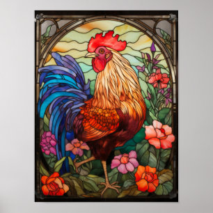 Buntes Landhausfenster mit Hahn aus Buntglas Poster