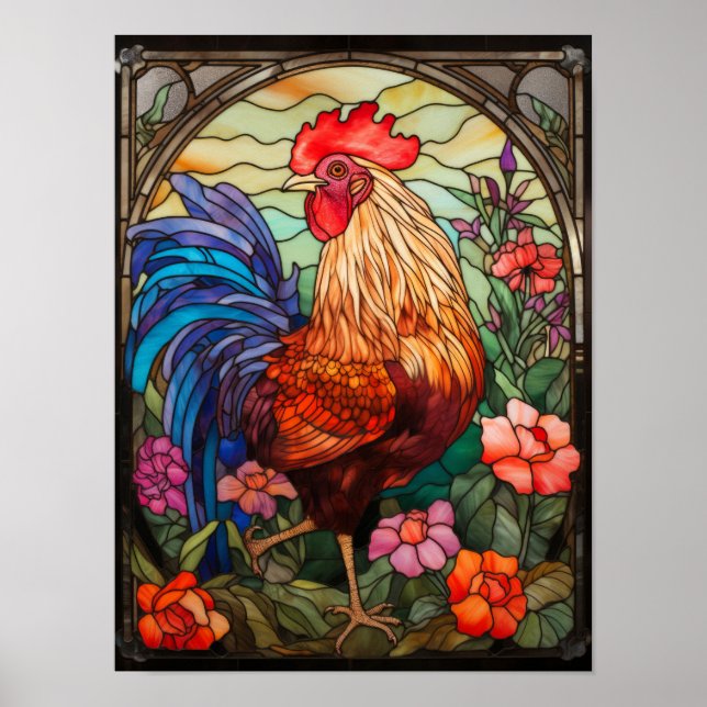 Buntes Landhausfenster mit Hahn aus Buntglas Poster (Vorne)