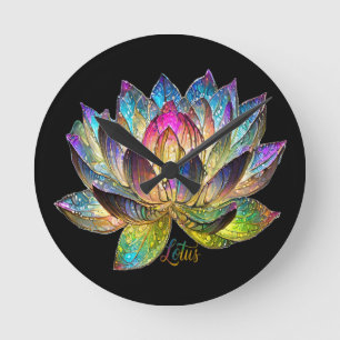 Buntes Lotusblumen-Buntglas auf Schwarz Runde Wanduhr