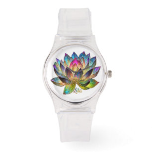 Buntes Lotusblumenfenster auf Weiß Armbanduhr