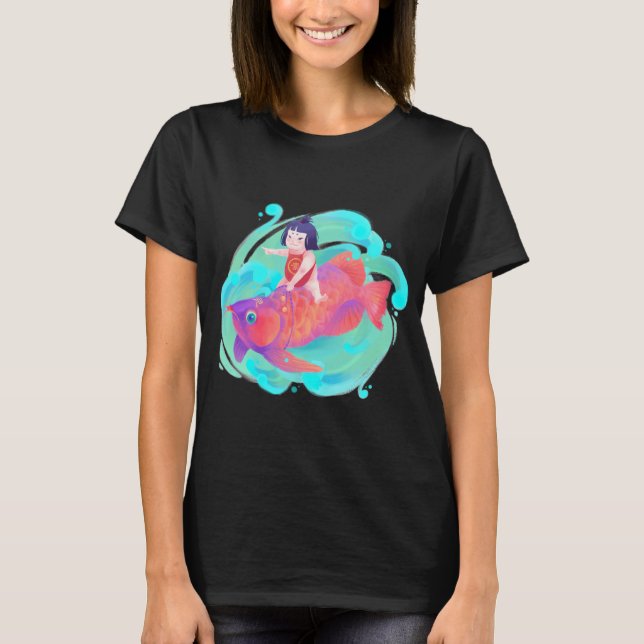 Buntes Mädchen & Fisch T-Shirt (Vorderseite)