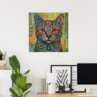 Buntes Mandala Katzenporträt Lebendige Wandkunst Poster