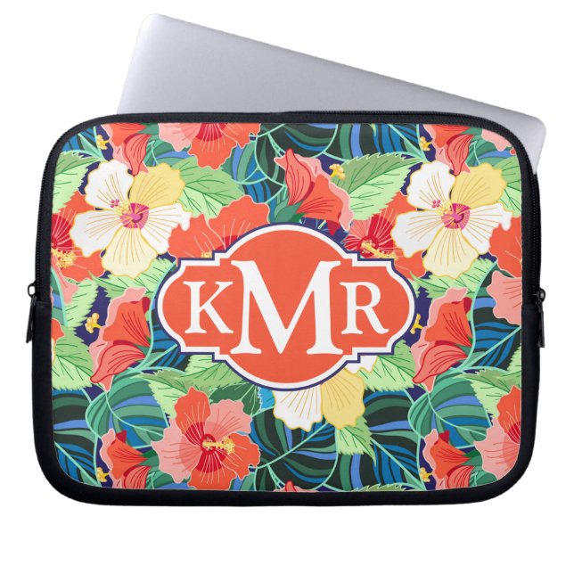 Buntes Monogramm des Hibiskus-Muster-| Laptopschutzhülle (Vorderseite)
